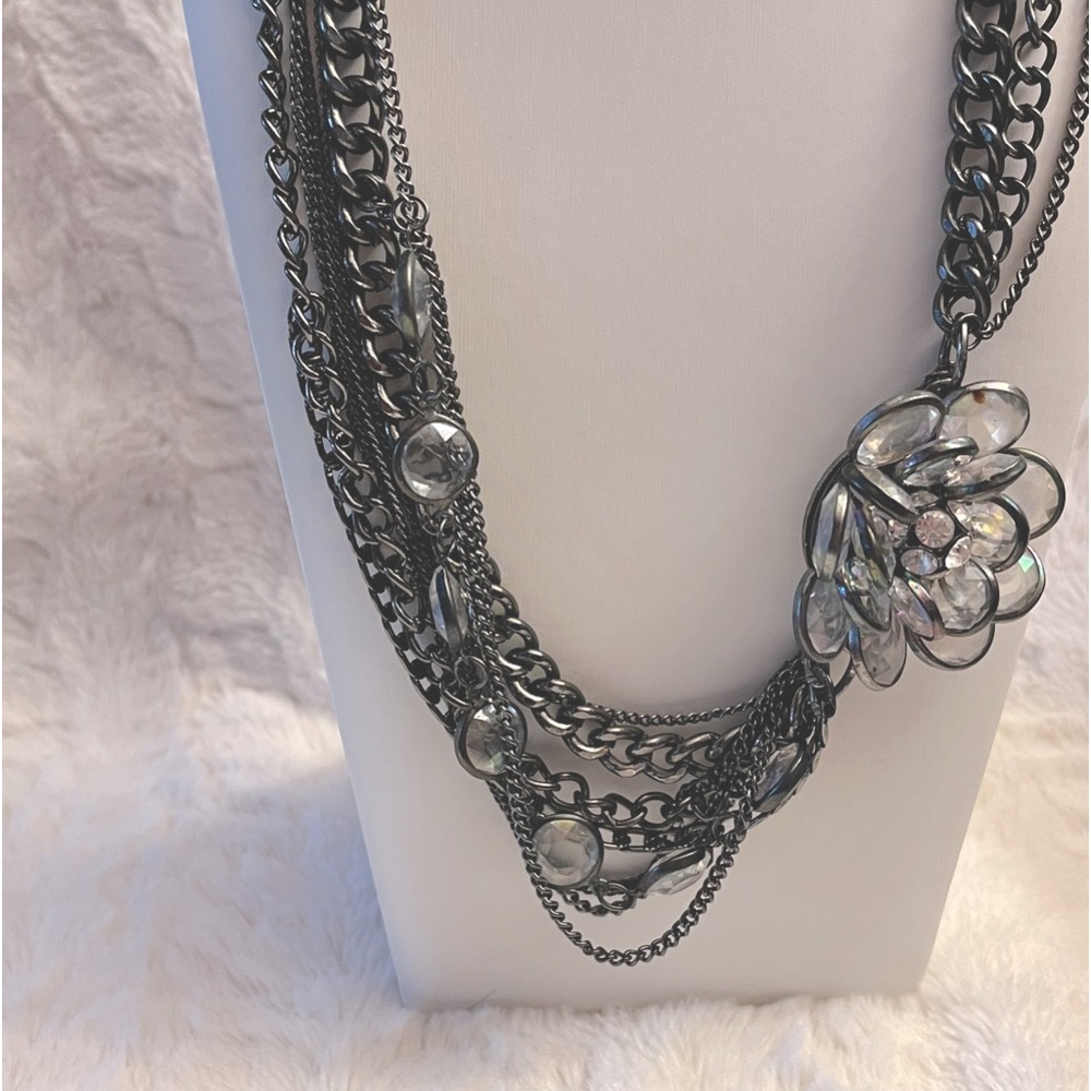Vera Wang Multi-Strand Silver & Gunmetal Crystal Necklace With Rhinestone Flower - Picture 10 of 16